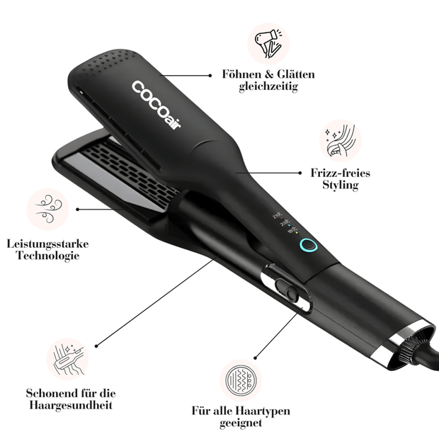Cocoair 2-in-1 Hairstyler mit Air-Fusion-Technologie für gesundes, glänzendes Haar – föhnt und glättet in einem Schritt. Perfekt für alle Haartypen, frizz-freies Styling ohne Haarschäden, mit starker Ionen-Technologie und präziser Temperaturkontrolle.